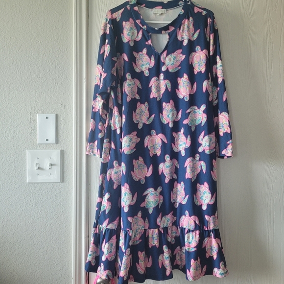Simply Southern Dresses & Skirts - Simply Southern Womens Turtle Ruffle Hem Shift Dress 2X Blue Pink Pockets